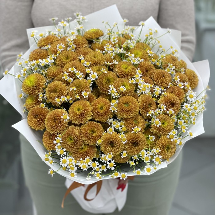 21 оранжевая хризантема Дориа Оранж с ромашкой